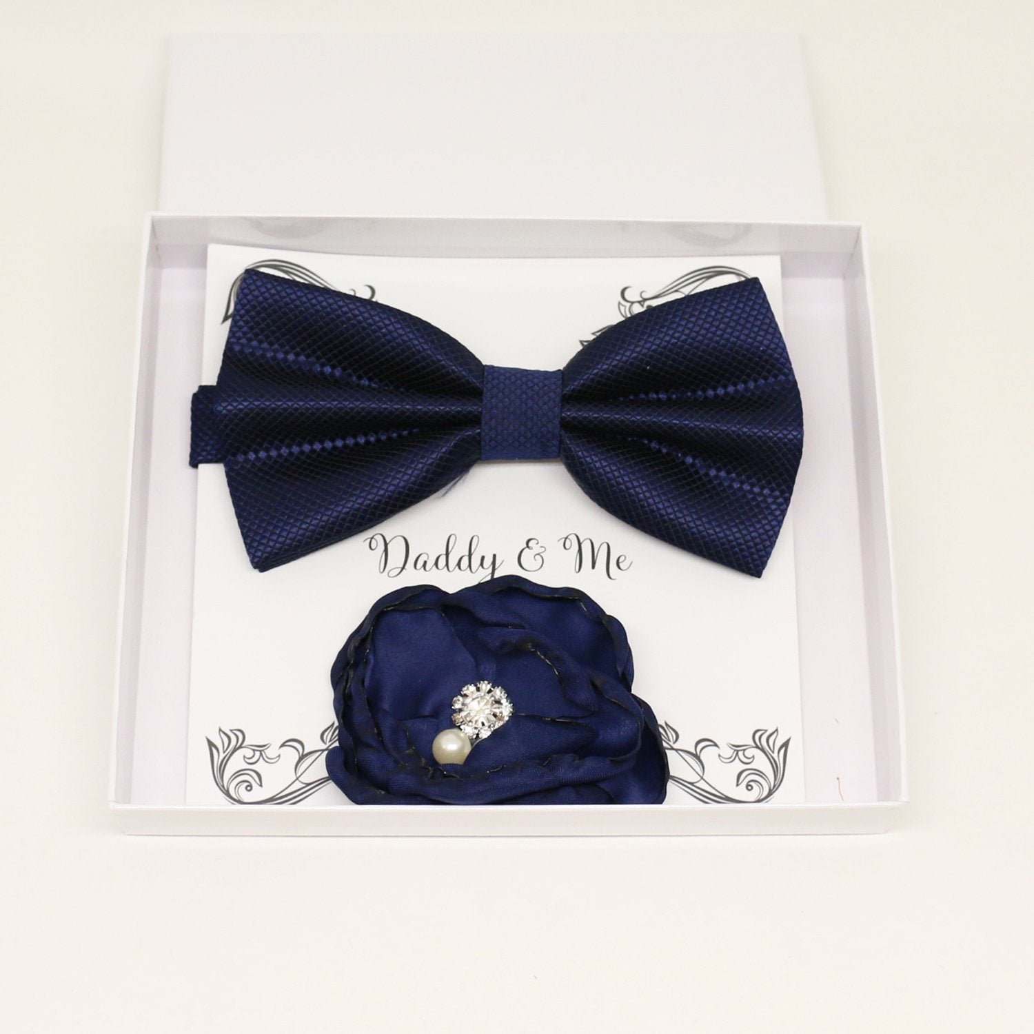 Navy Bow tie and hair clip set for daddy daugher, Daddy me gift set, Grandpa and me, Father daughter match, Navy bow, Navy flower hair clip