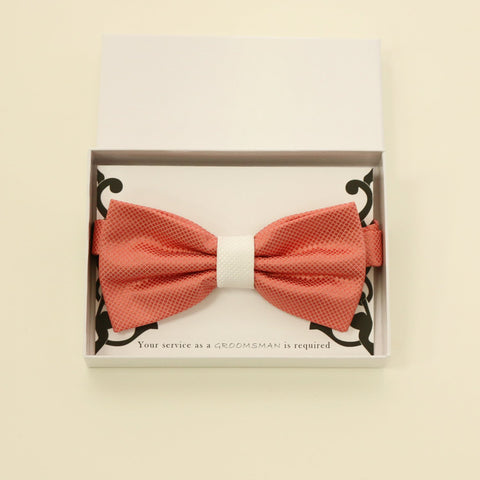 Coral and white handmade bow tie, Best man gift , Groomsman bow, Man of honor, ring bearer bow tie, handmade birthday gift, Congrats grad