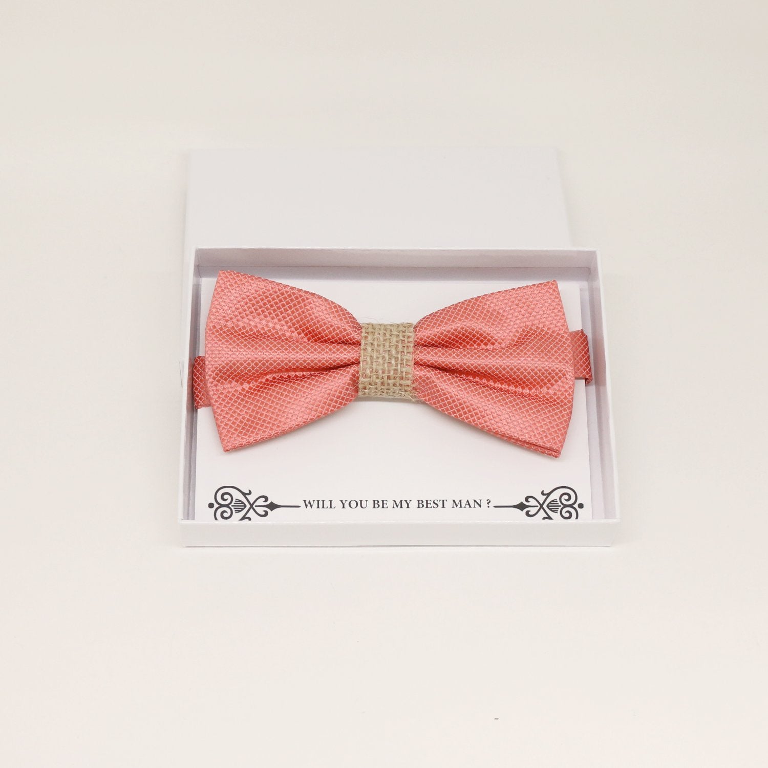 Coral burlap bow tie, Best man gift , Groomsman bow, Man of honor, ring bearer bow tie, handmade birthday gift, Congrats grad, coral bow tie