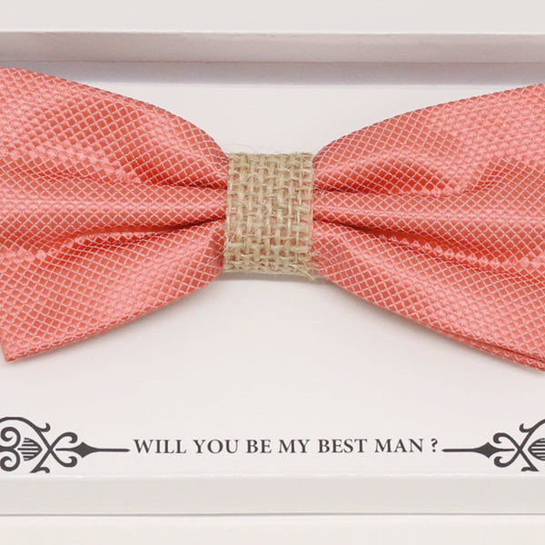 Coral burlap bow tie, Best man gift , Groomsman bow, Man of honor, ring bearer bow tie, handmade birthday gift, Congrats grad, coral bow tie