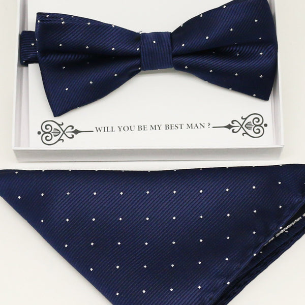 Navy bow tie & Pocket Square, Best man Groomsman Man of honor ring breaer bow, birthday gift, Congrats grad, handkerchief, Pocket Square
