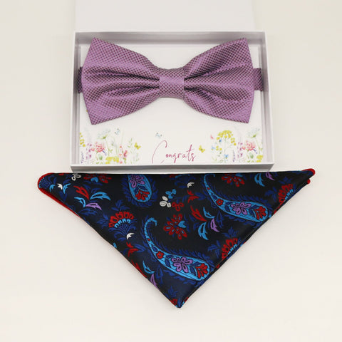 Dusty lavender bow tie & paisley Pocket Square, Best man Groomsman Man of honor ring breaer bow, birthday gift, Congrats grad, handkerchief