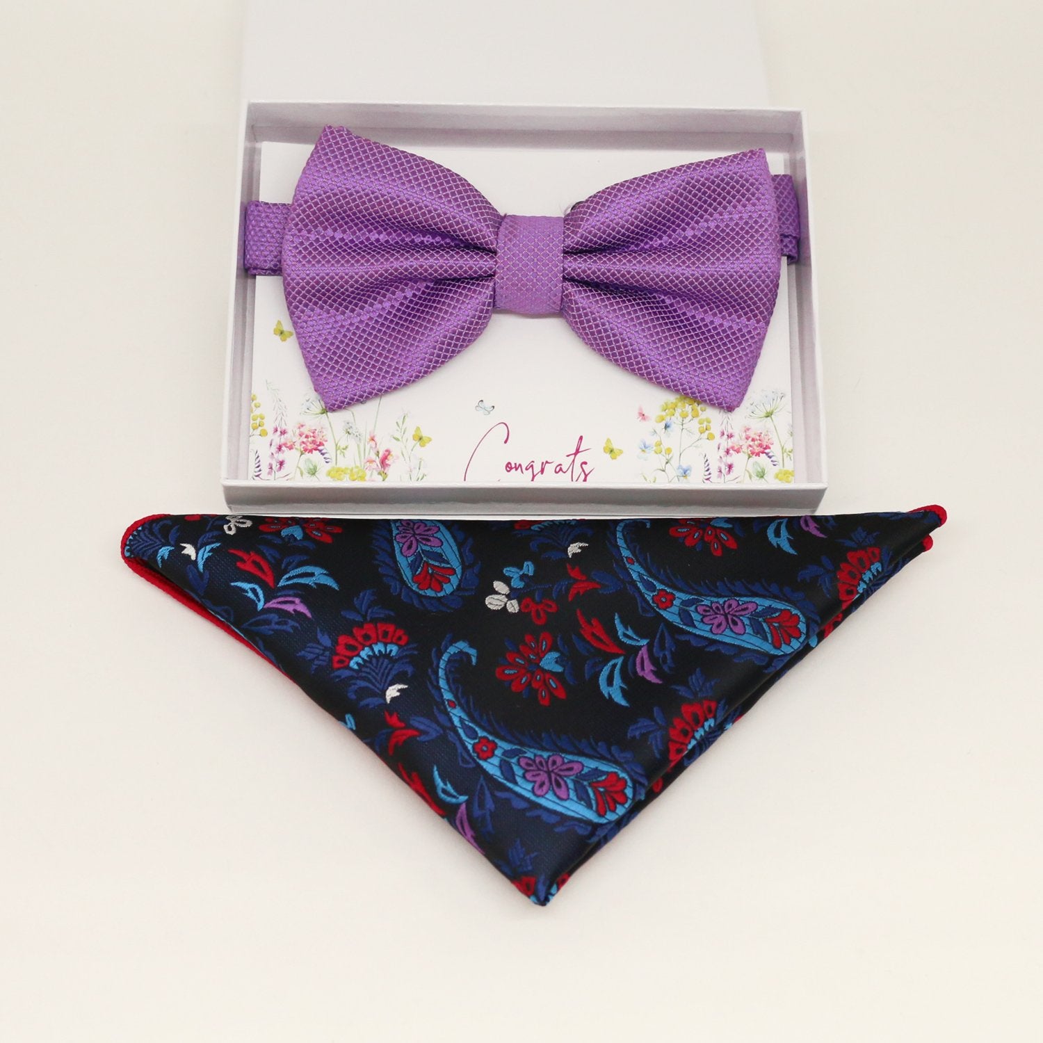 Lavender bow tie & paisley Pocket Square, Best man Groomsman Man of honor ring breaer bow, birthday gift, Congrats, handkerchief, kids bow