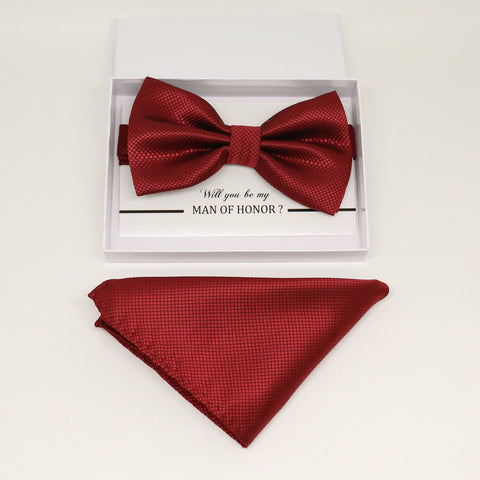 Red bow tie & Pocket Square, Best man Groomsman Man of honor ring breaer bow, birthday gift, Congrats grad, Red handkerchief