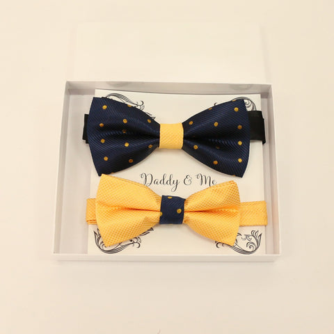 Navy Yellow bow tie set for daddy and son, Daddy and me gift set, Grandpa and me, Father son match, Yellow bow tie for kids, handmade bow