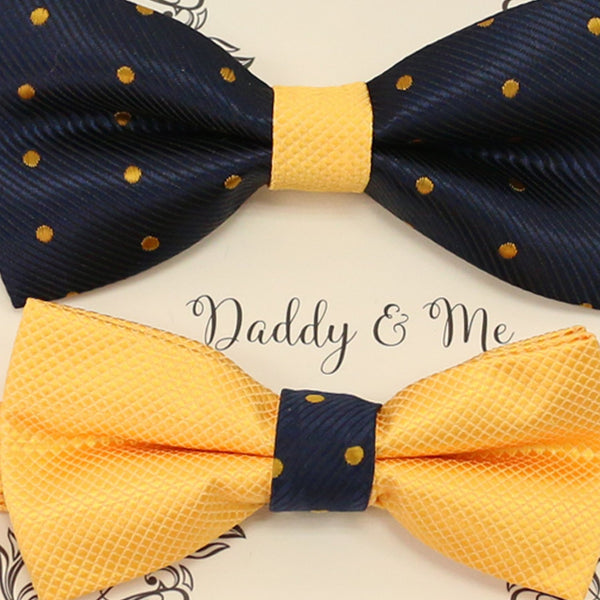 Navy Yellow bow tie set for daddy and son, Daddy and me gift set, Grandpa and me, Father son match, Yellow bow tie for kids, handmade bow