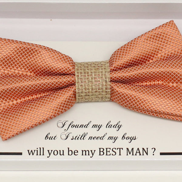 Copper and burlap handmade bow tie, Best man gift , Groomsman bow, Man of honor, ring bearer bow tie, handmade birthday gift, Congrats grad