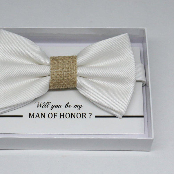 Handmade White Burlap bow tie, Best man request gift, Groomsman bow tie, Man of honor gift, Best man bow tie, best man gift, man of honor request bow