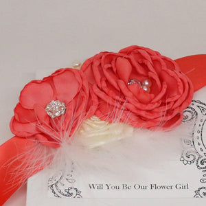 Coral rose with Pearl flower Sash, Flower girl sash belt, Satin sash, Maternity Flower Sash,Flower belt,Wedding Sash belt, Bridemade Sash
