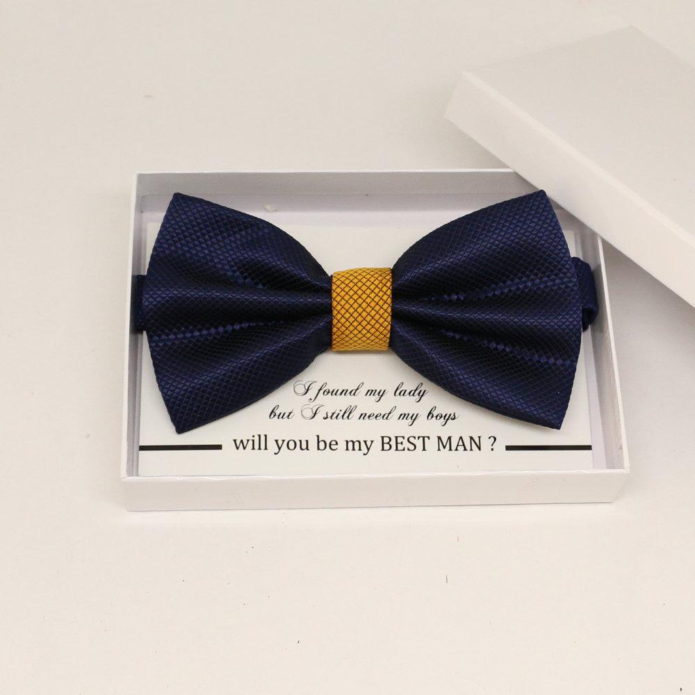 Navy Gold bow tie, Best man request gift, Groomsman bow, Ring Bearer bow tie, Man of honor, baby announcement, toddler bow, Some thing blue
