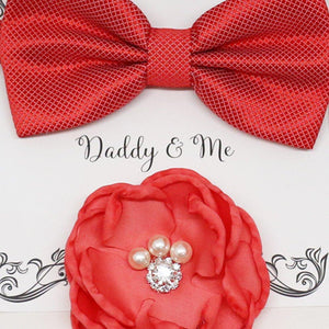 Coral Headpiece bow tie, Mommy and me gift set, daddy and me Gift set, Flower and bow tie set, Coral wedding, best man flower girl gift set