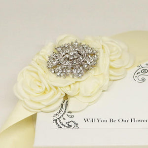 Lemon rose with diamond Flower Sash, Flower girl sash belt, Satin sash, Flower belt, Wedding Sash belt, Bridesmaid Sash